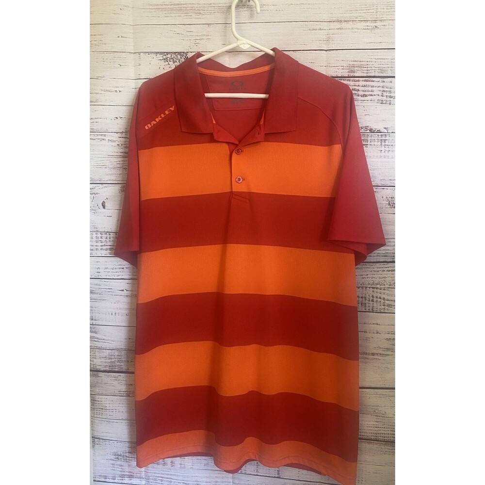 Oakley Polo Mens XL Red Orange Striped Ohydrolix Golf Shirt Regular Fit